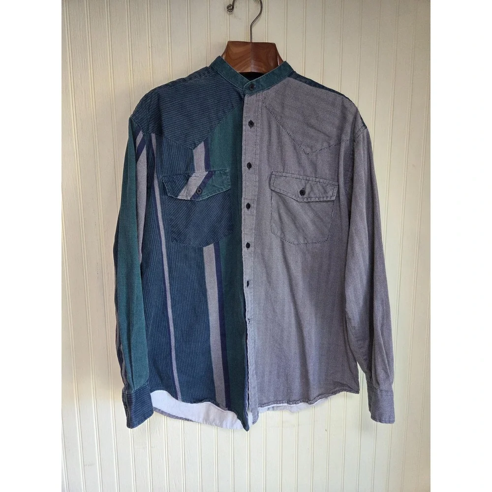 Vintage Plains Western Wear Shirt Mens 2XL Multicolor Colorblock Band Collar 90s - Picture 2 of 7